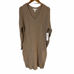 NWT London Times XL Taupe Cable-Knit Fisherman Stitch V-Neck Sweater Dress